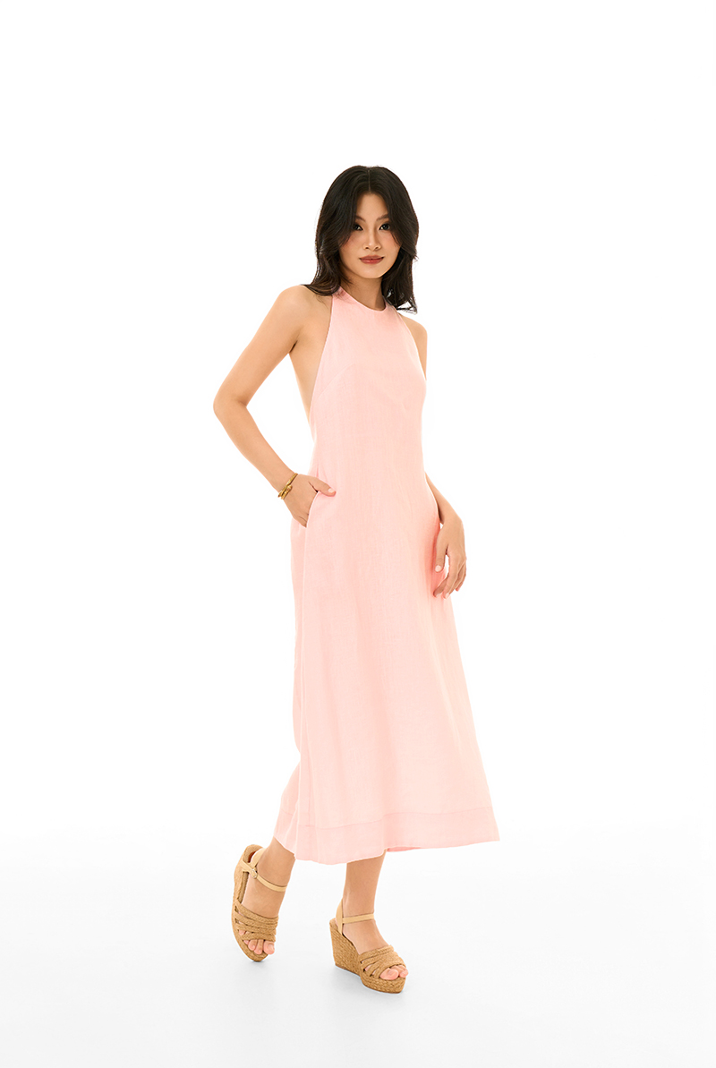 Pink halter dress with pockets.